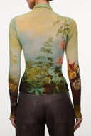 Back view fitted mock-neck top with watercolor landscape print and long sleeves