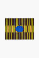 Cashmere blanket with multicolor vertical stripes and blue owl graphic center