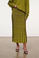 Striped pleated midi skirt in olive with vertical yellow stripes and elastic waist