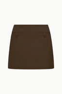 Dark brown mini skirt with flap pockets and belt loops