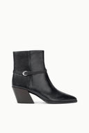 Black leather ankle boot with side strap buckle and block heel