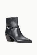 Black ankle boot with strap buckle detail and chunky block heel