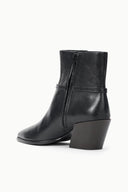 Black ankle boot with padded shaft, side zipper, and block heel