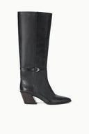 Black mid-calf boots with adjustable buckle strap and low block heel