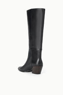 Black tall mid-calf boots with smooth shaft and low block heel