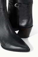 Black mid-calf ankle boots with side buckle strap and low block heel