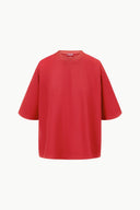 Red capsule top, short sleeves, crew neck, relaxed straight hem
