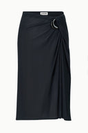 Black draped wrap midi skirt with side knot detail