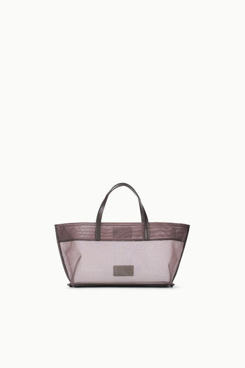 Mini mesh tote with top handles, espresso-brown sheer panels