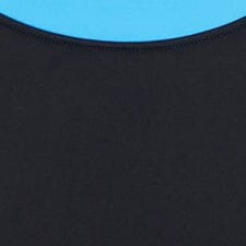 Black swimsuit neckline close-up with light blue trim at the collar.
