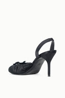 Black slingback high-heel pump with gathered toe detail and slim stiletto heel