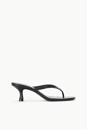 Black slim-heel strappy sandals with open toe and curved cross straps