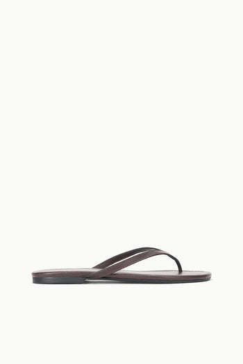 Espresso brown thong sandal in profile with narrow strap and flat outsole