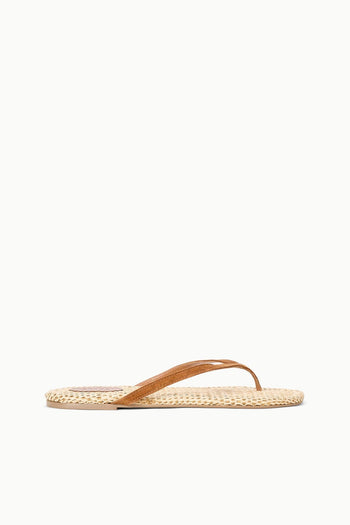Woven thong sandals with tan footbed and tan leather-style toe strap
