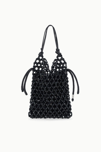 KARLA black beaded tote bag with short knotted handles and open top
