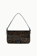 Leopard-print shoulder bag with front flap and black center clasp, side buckles.