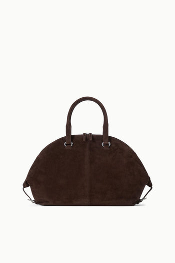 Espresso suede satchel bag with structured oval shape and top handles