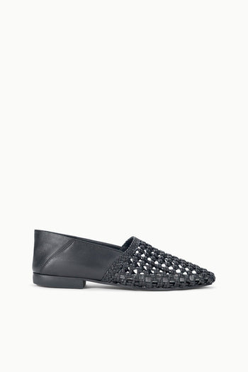 Black woven flat loafer with pointed toe and low block heel