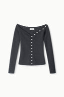 Off-shoulder knit sweater in dark gray with long sleeves and vertical button placket