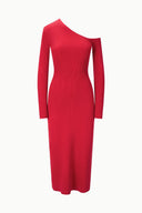 LOIS red midi sheath dress with long sleeves and one-shoulder neckline