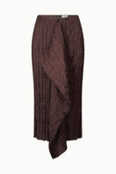 MAI textured midi skirt, dark maroon with diagonal draped overlay and elastic waistband