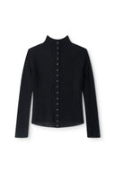 Black ribbed button-front mock neck sweater, long sleeves