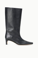 Mid-calf black leather boot with seam lines and low heel