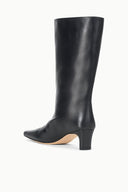 Mid-calf black leather boots, sleek silhouette with pointed toe and block heel