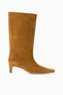 Tan mid-calf suede boot, front three-quarter view with pointed toe