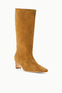 Tan mid-calf suede boot, side view with stacked heel