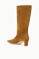 Tan mid-calf suede boot, side view with low stacked heel