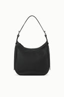 Black leather hobo bag with top handle and shoulder straps, smooth exterior