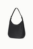 Black leather hobo bag with curved silhouette and shoulder straps, minimal front