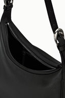 Black leather hobo bag interior with zipper pocket and adjustable strap