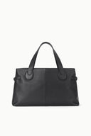 Black leather-look tote bag with double handles and top open silhouette