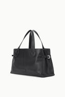 Black tote bag with front buckle detail and top carry handles