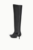 Black knee-high kitten heel boot with pointed toe
