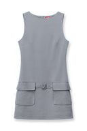 Sleeveless gray shift dress with patch pockets and belt with square buckle