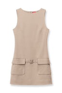 Sheila dress, wheat sleeveless shift with scoop neck, belt buckle, and flap pockets