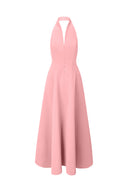 Rosewater pink halter maxi dress, fitted bodice and flared full skirt