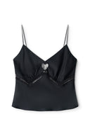 Black silk camisole top with spaghetti straps and heart detail at center front