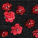Close-up of black bag fabric with red floral embellishments