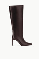 Espresso tall high-heel boot with smooth upper, curved seam, stiletto heel
