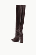 Espresso tall high-heel boot with pointed toe, stiletto heel, pull-on shaft