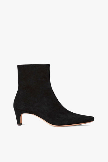 Black suede ankle boot with low block heel and almond toe