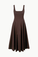 Dark brown sleeveless midi dress with square neckline and pleated, flared skirt