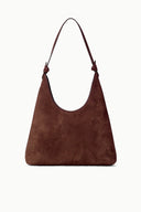 Mahogany suede hobo shoulder bag with curved top and braided leather handles
