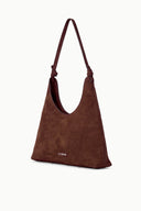 Mahogany suede hobo shoulder bag with braided handles and front logo patch