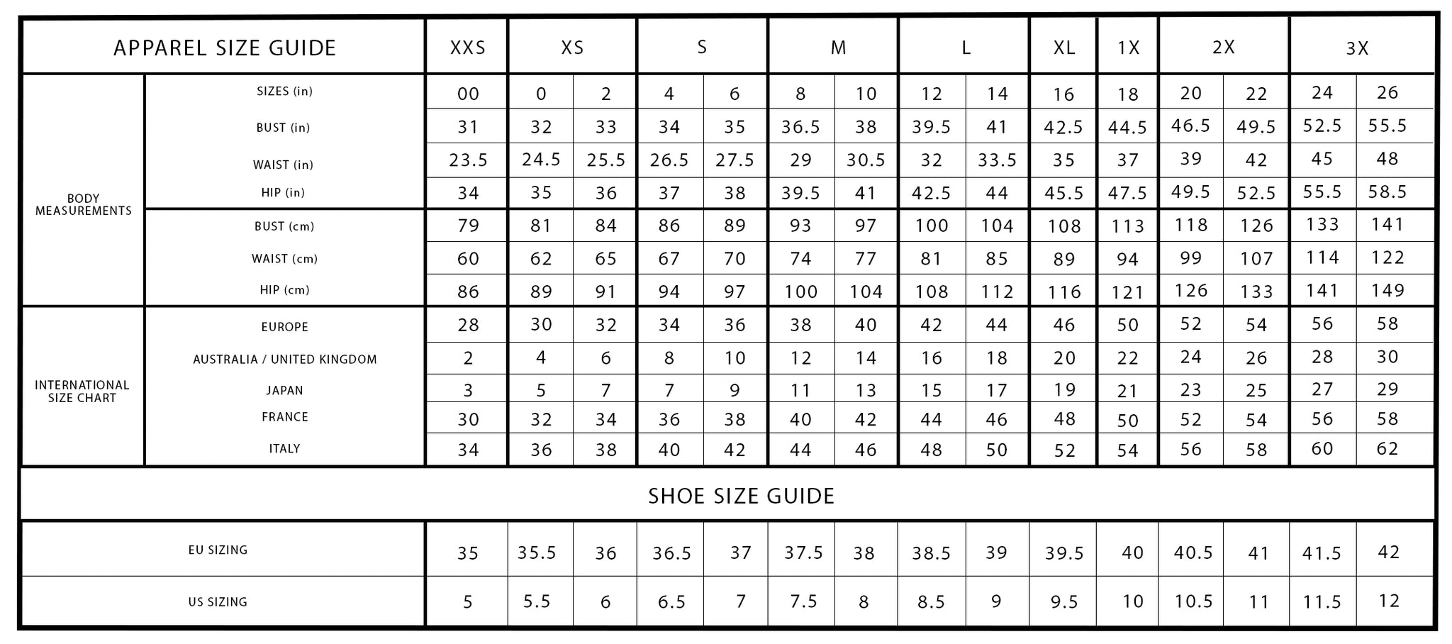 Women's clothing size chart – Madison Island Help Center