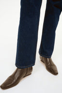 Taupe leather-look flat ankle boot with side seam and low block heel